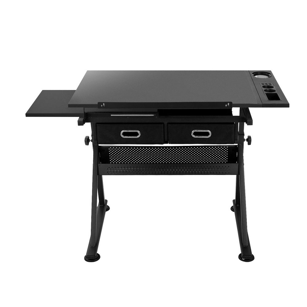 Artiss Drawing Desk Stool Set Drafting Table Adjustable Angle Tilt Drawers Black-2