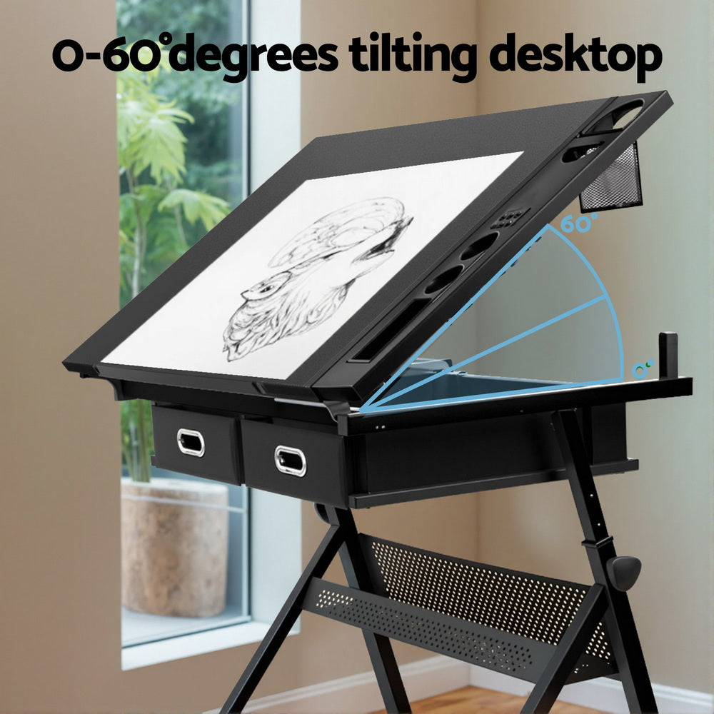 Artiss Drawing Desk Stool Set Drafting Table Adjustable Angle Tilt Drawers Black-4