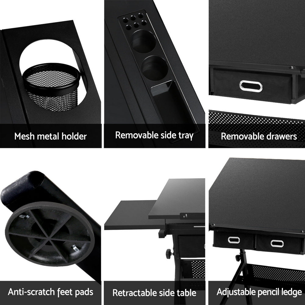 Artiss Drawing Desk Stool Set Drafting Table Adjustable Angle Tilt Drawers Black-5