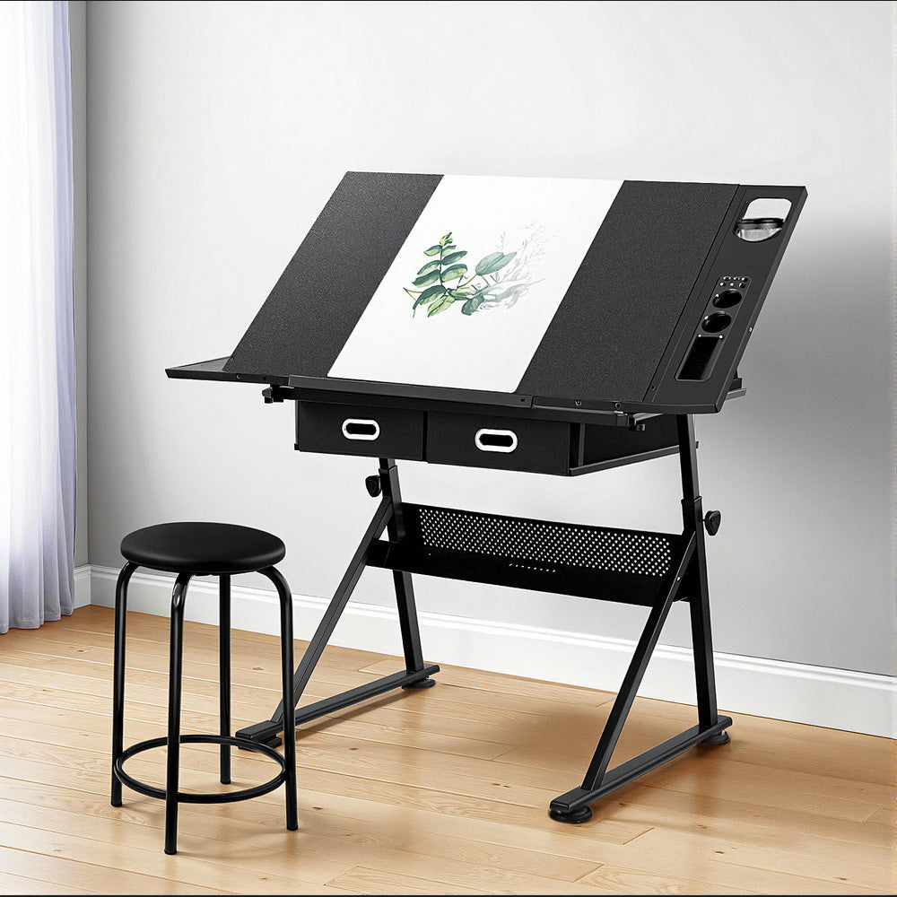 Artiss Drawing Desk Stool Set Drafting Table Adjustable Angle Tilt Drawers Black-6