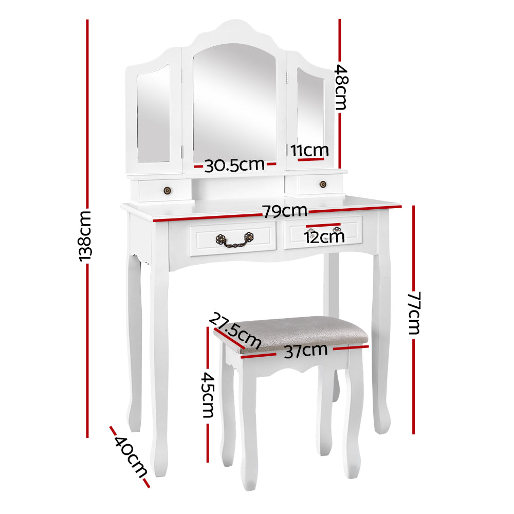 Artiss Dressing Table Stool Set Foldable Mirror White-1