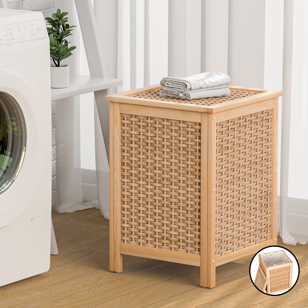 Artiss Laundry Hamper Bathroom Storage Cabinet Wooden Organiser Bag Clothes-6