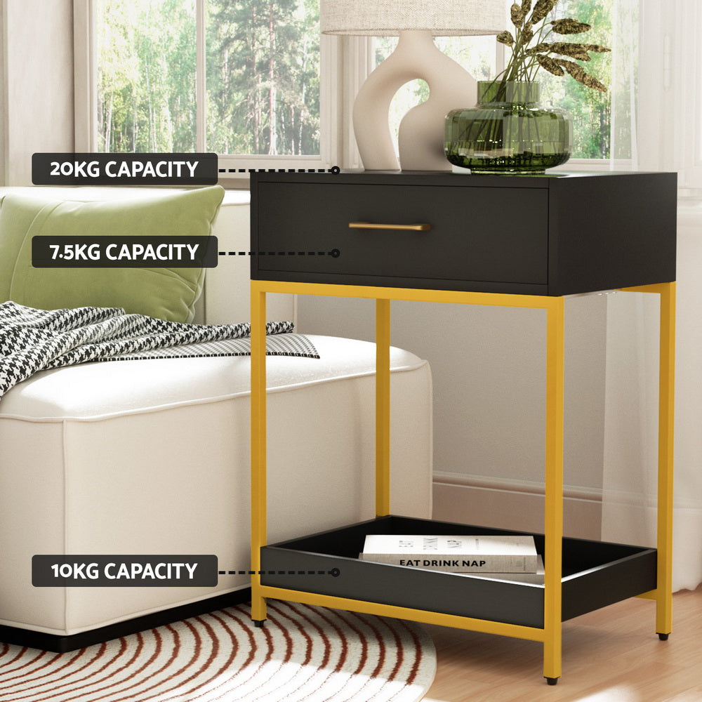 Artiss Bedside Table Drawers Side Table Shelf Storage Nightstand Black MASON-4