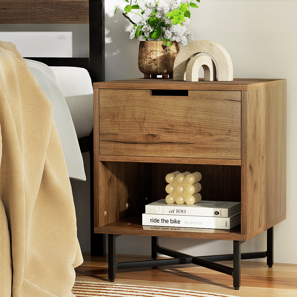 Artiss Bedside Table Drawers Side Table Shelf Storage Nightstand Rust Oak KRAVU-6