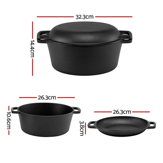 5-Star Chef 5L 2-In-1 Pre-Seasoned Cast Iron Dutch Oven Pot with Lid and Dual Handles for Sourdough Bread Baking
