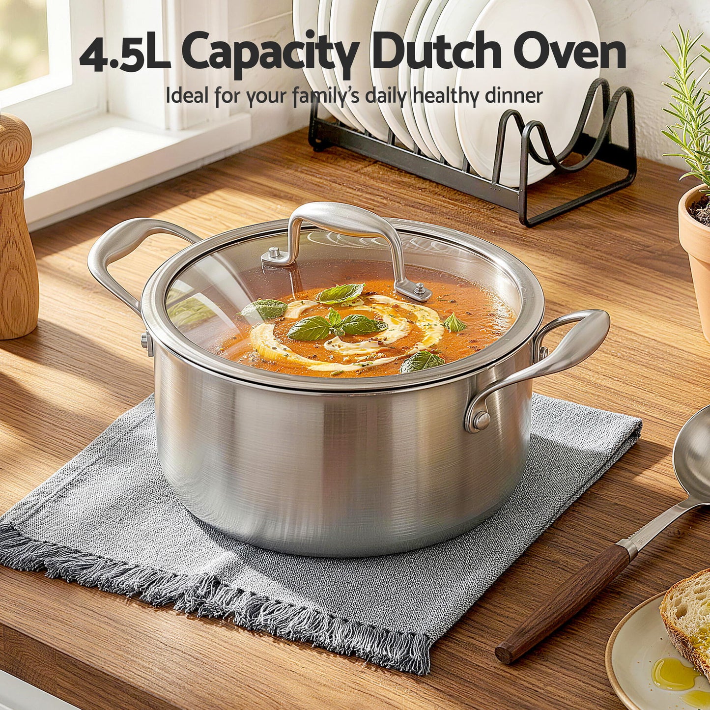 5-Star Chef 4.5L 24cm Stainless Steel Dutch Oven Pot with Lid and Stay-Cool Handle