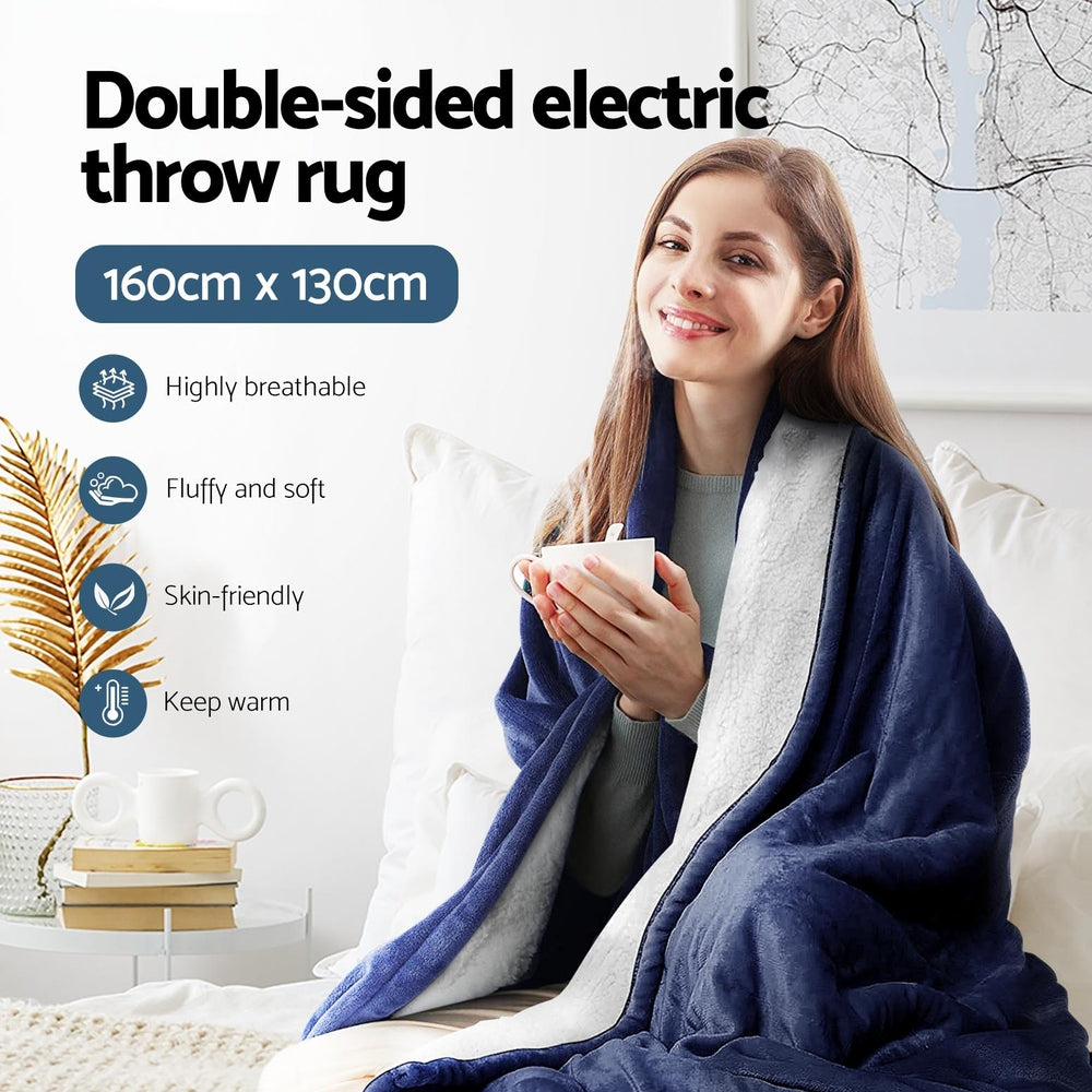 Giselle Electric Throw Rug Heated Blanket Washable Snuggle Flannel Winter Navy-3