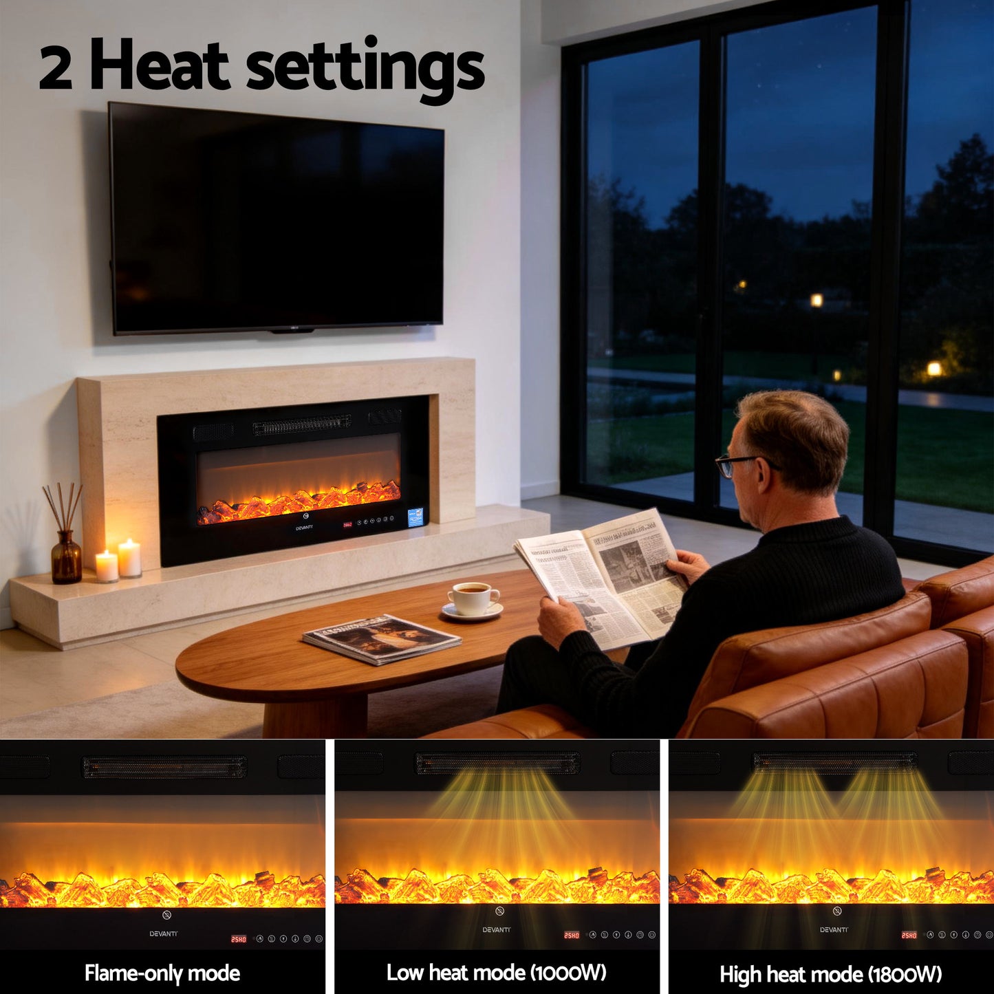 Devanti Electric Fireplace Fire Heater Wall Mounted Insert 3D Flame 1800W Remote Control