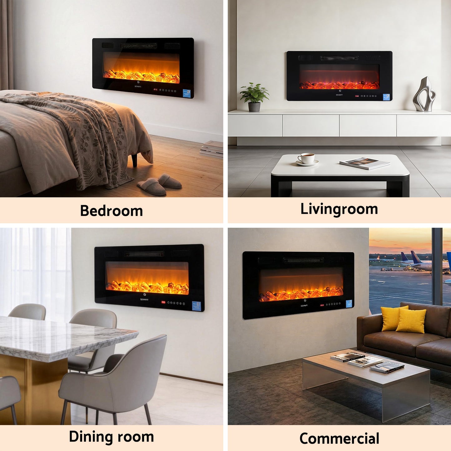 Devanti Electric Fireplace Fire Heater Wall Mounted Insert 3D Flame 1800W Remote Control