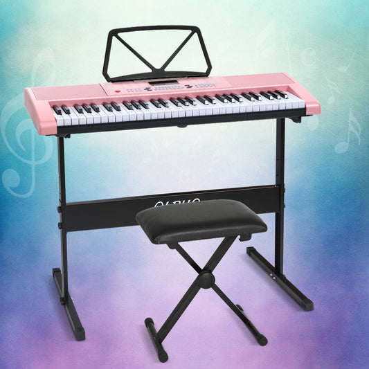 Alpha 61 Keys Electronic Piano Keyboard Digital Electric w/ Stand Stool Pink-0