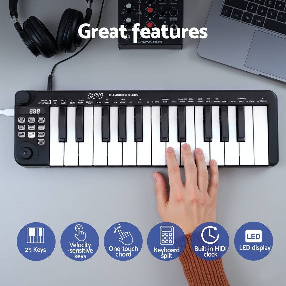 Alpha 25-Key MIDI Keyboard Controller Portable USB Laptop Black-3