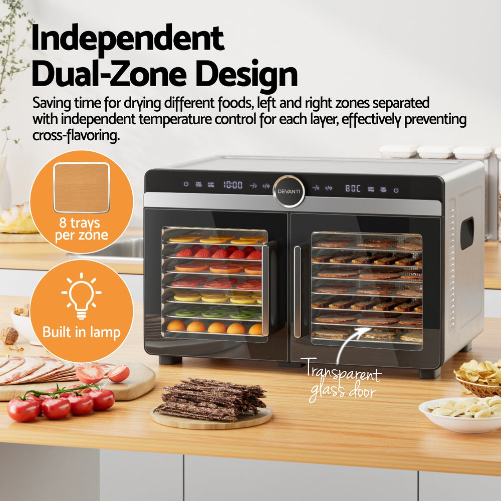 Devanti 16 Trays Food Dehydrator Dual-Zone Stainless Steel-3