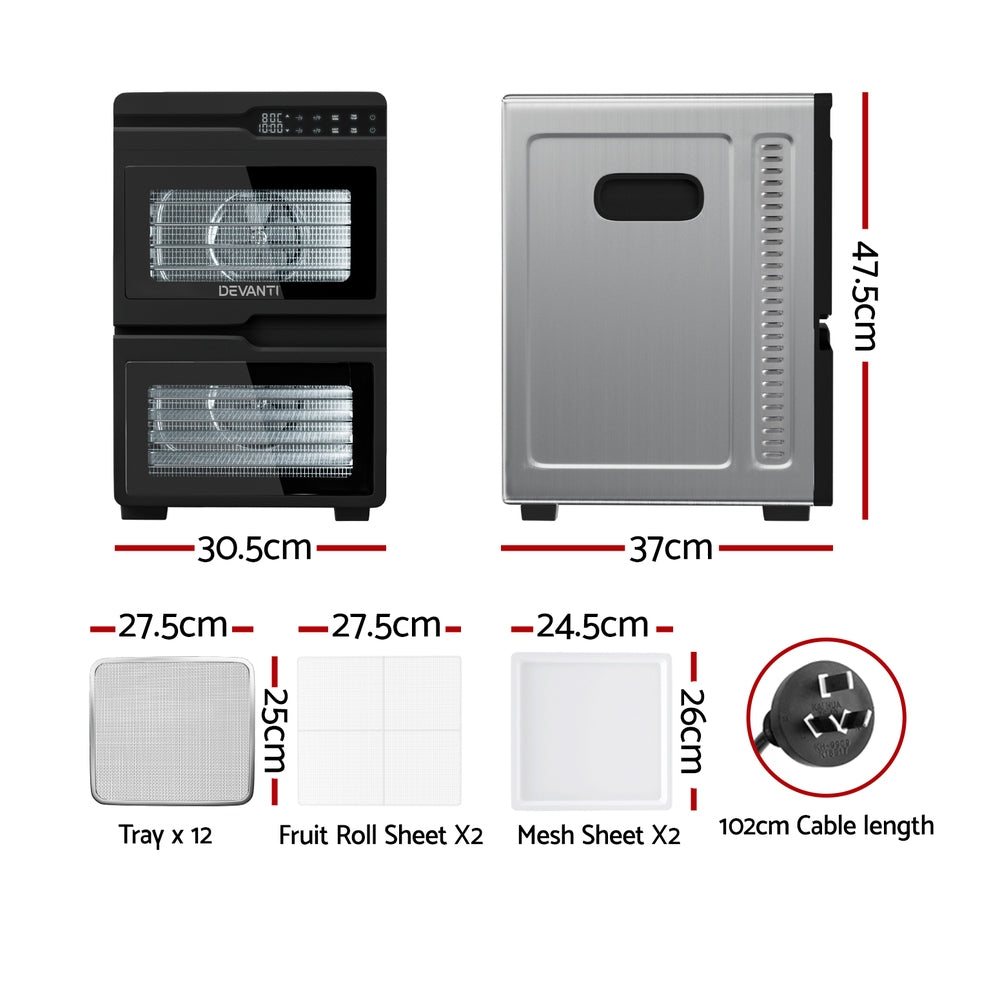 Devanti 12 Trays Food Dehydrator Dual-Zone Stainless Steel Fruit Jerky Dryer-1