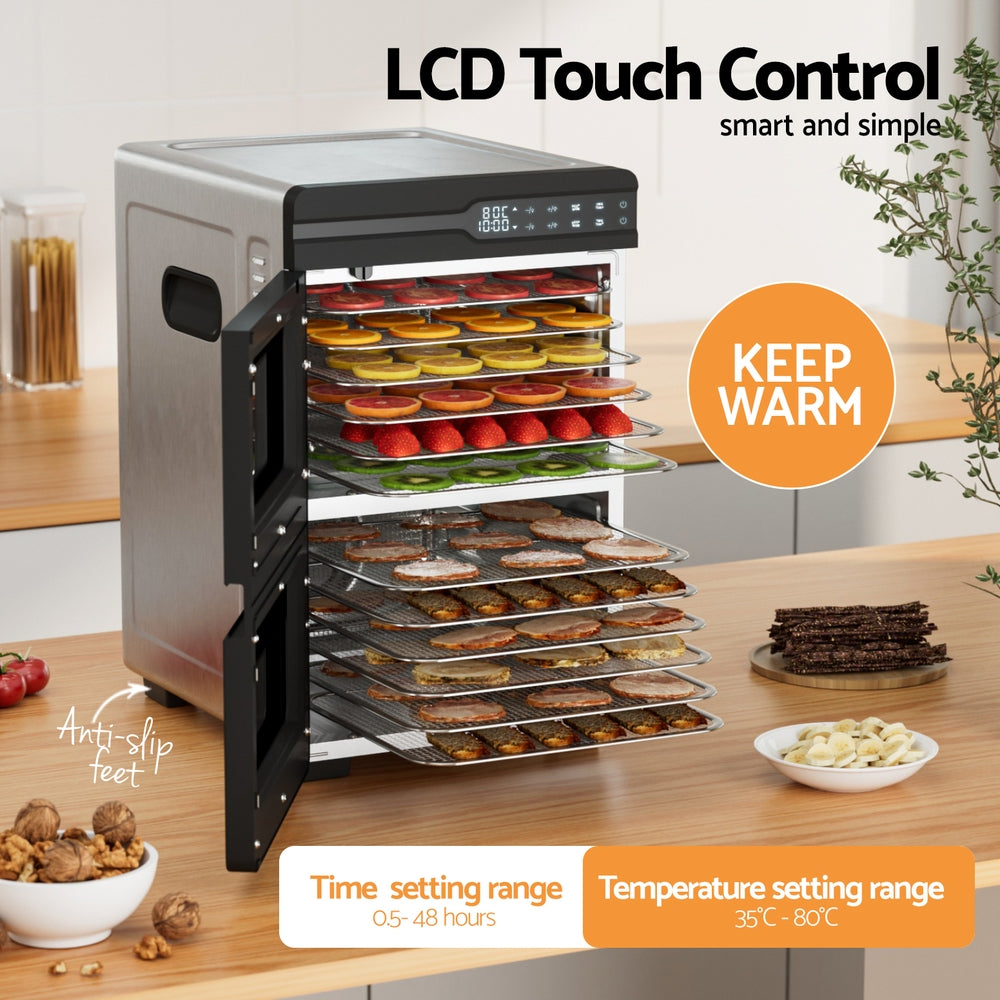 Devanti 12 Trays Food Dehydrator Dual-Zone Stainless Steel Fruit Jerky Dryer-4