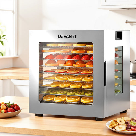 Devanti 10 Trays Food Dehydrator Stainless Steel Visible Glass Door 850W-0