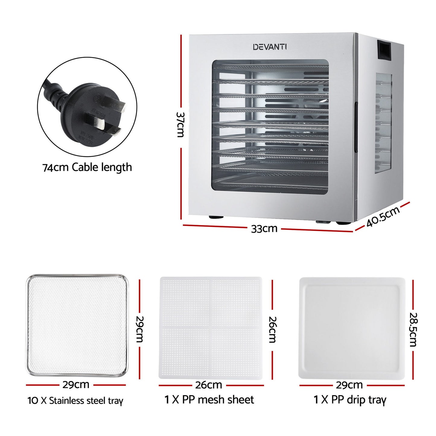 Devanti 10 Trays Food Dehydrator Stainless Steel Visible Glass Door 850W-2