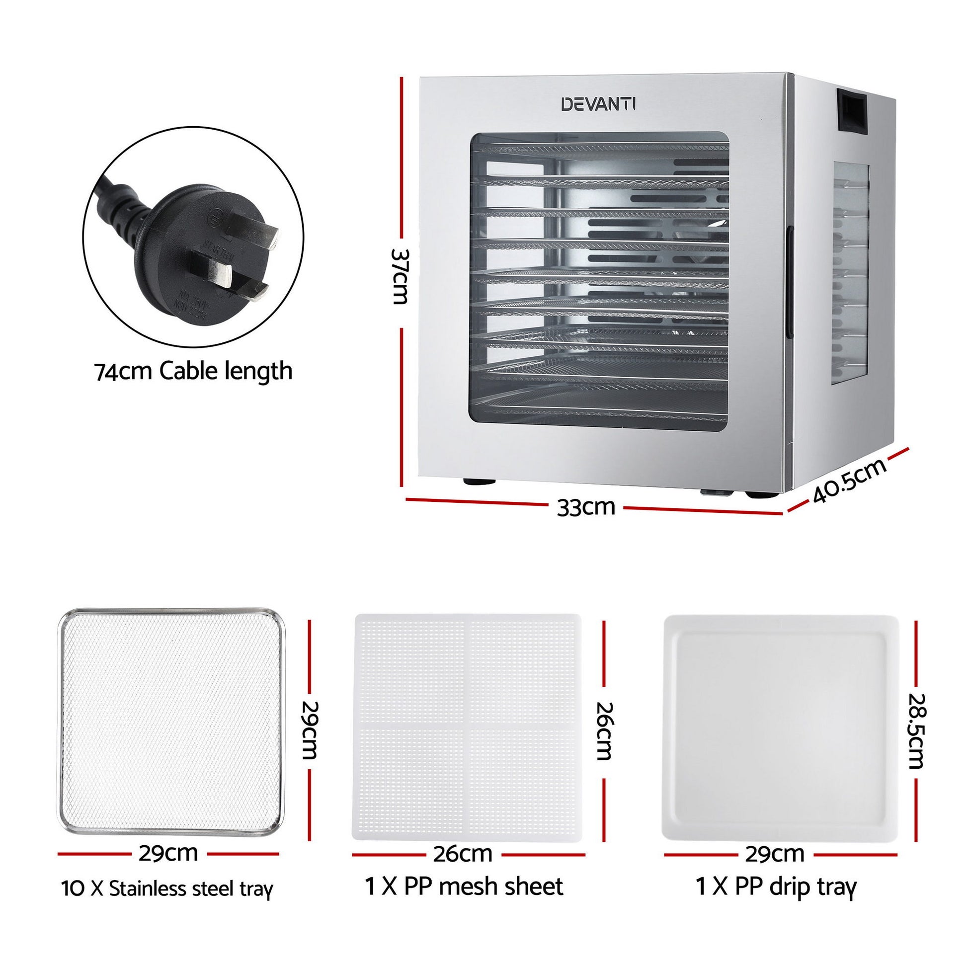Devanti 10 Trays Food Dehydrator Stainless Steel Visible Glass Door 850W-2