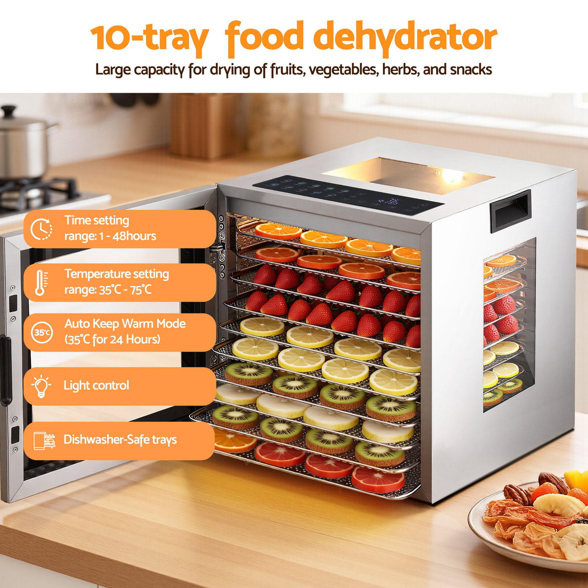 Devanti 10 Trays Food Dehydrator Stainless Steel Visible Glass Door 850W-4