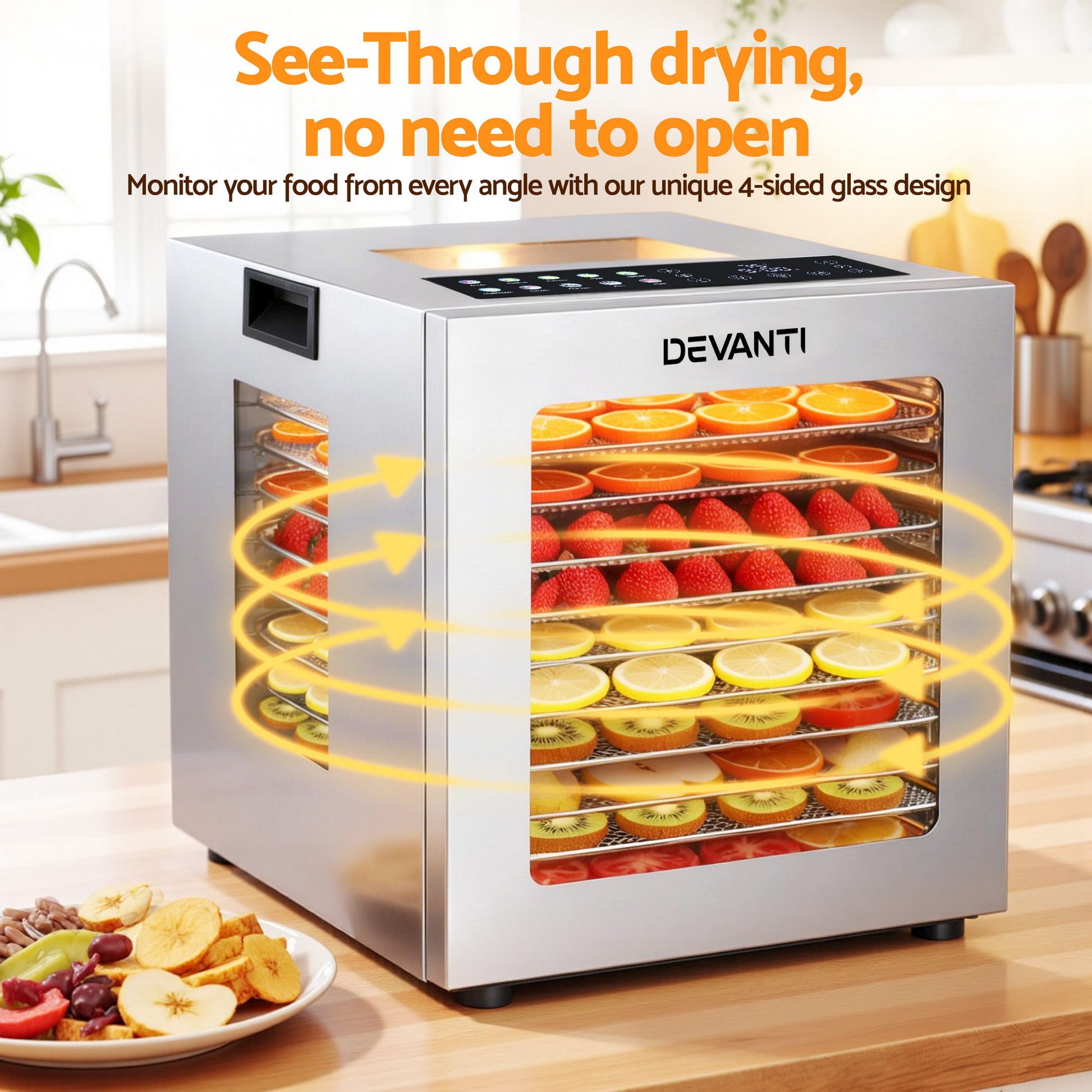 Devanti 10 Trays Food Dehydrator Stainless Steel Visible Glass Door 850W-5