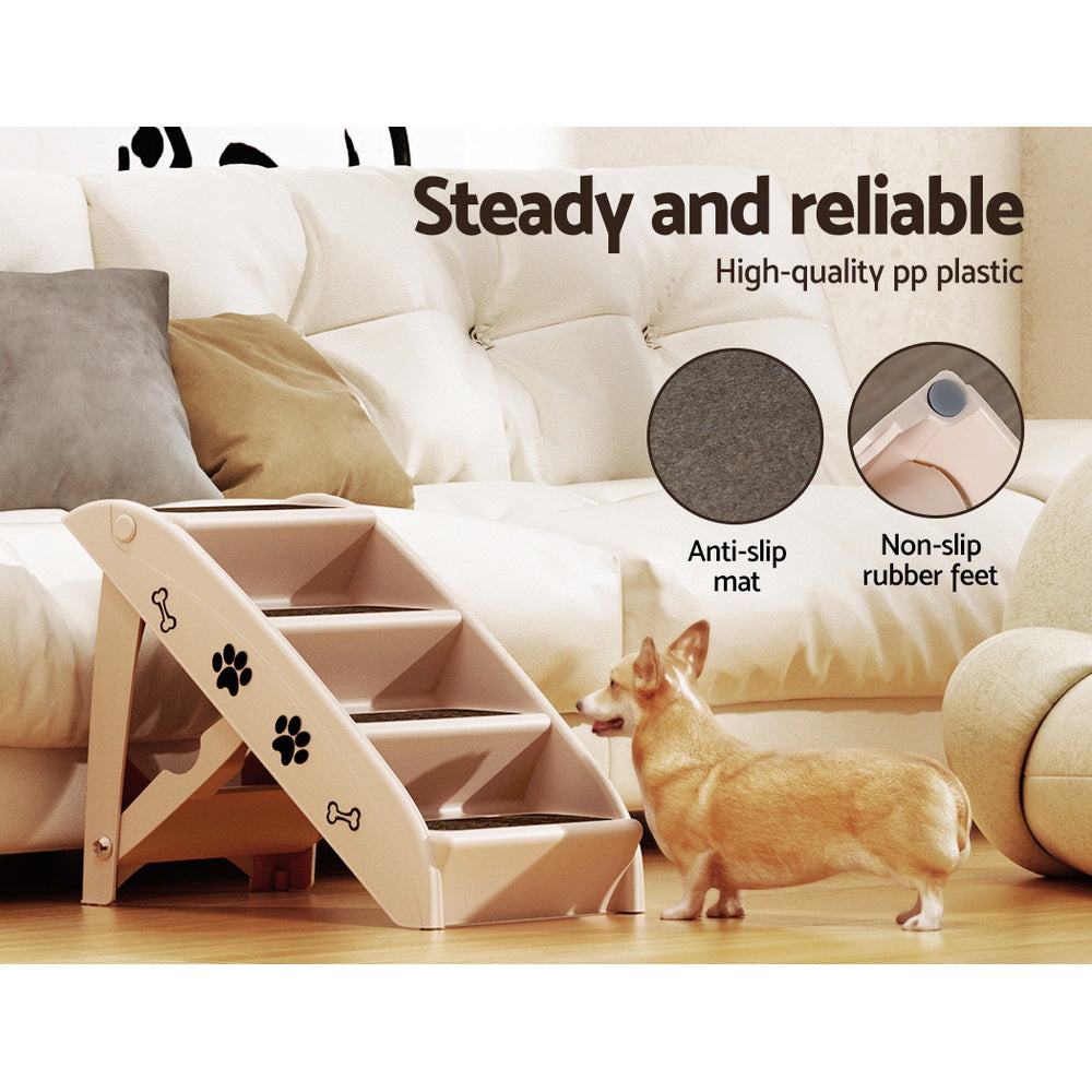 i.Pet Dog Ramp Steps For Bed Sofa Car Pet Stairs Ladder Portable Foldable Beige-4