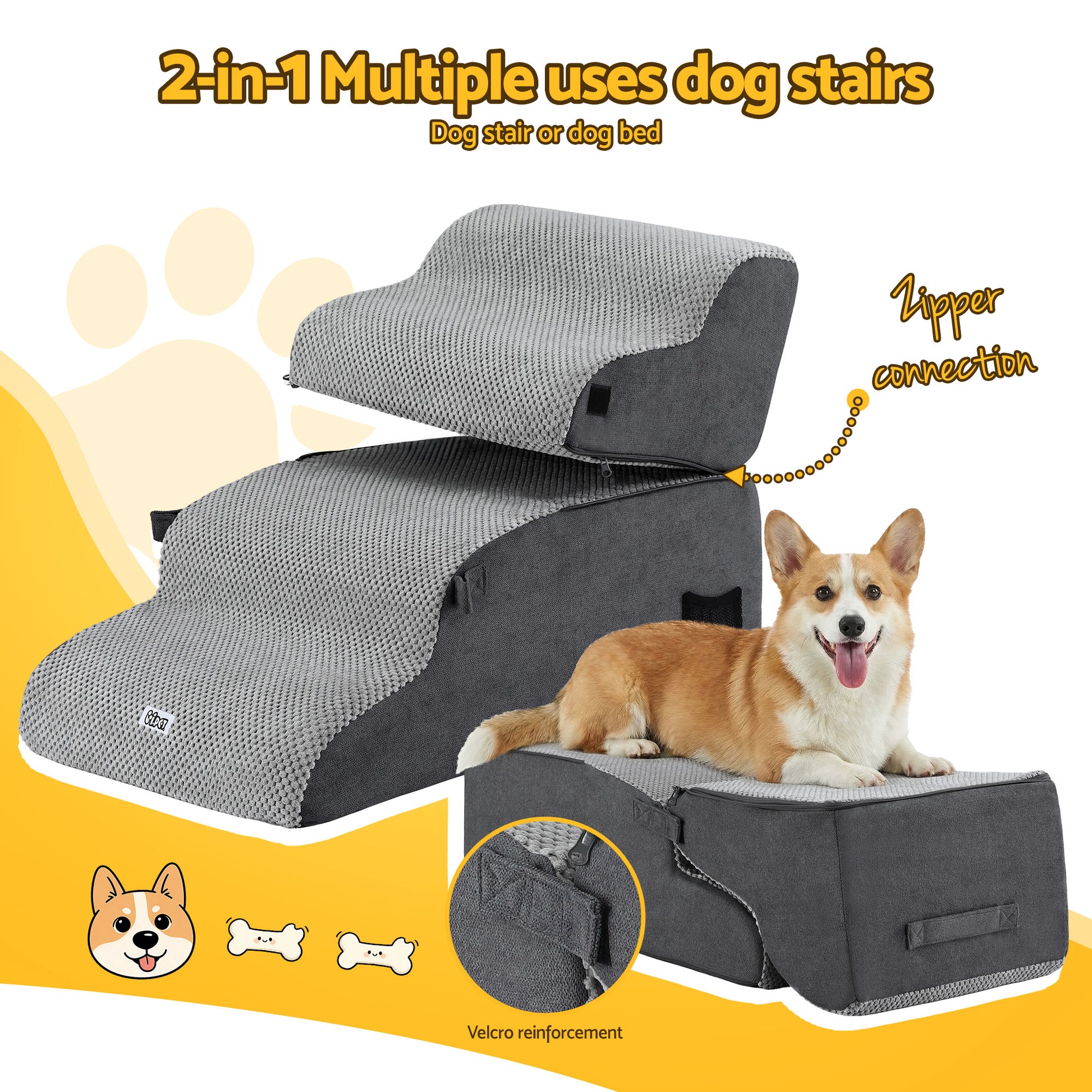 i.Pet Dog Stairs and Bed 2-in-1 Sofa Car Foam Non-Slip Washable Pet Stairs Indoor Grey-3
