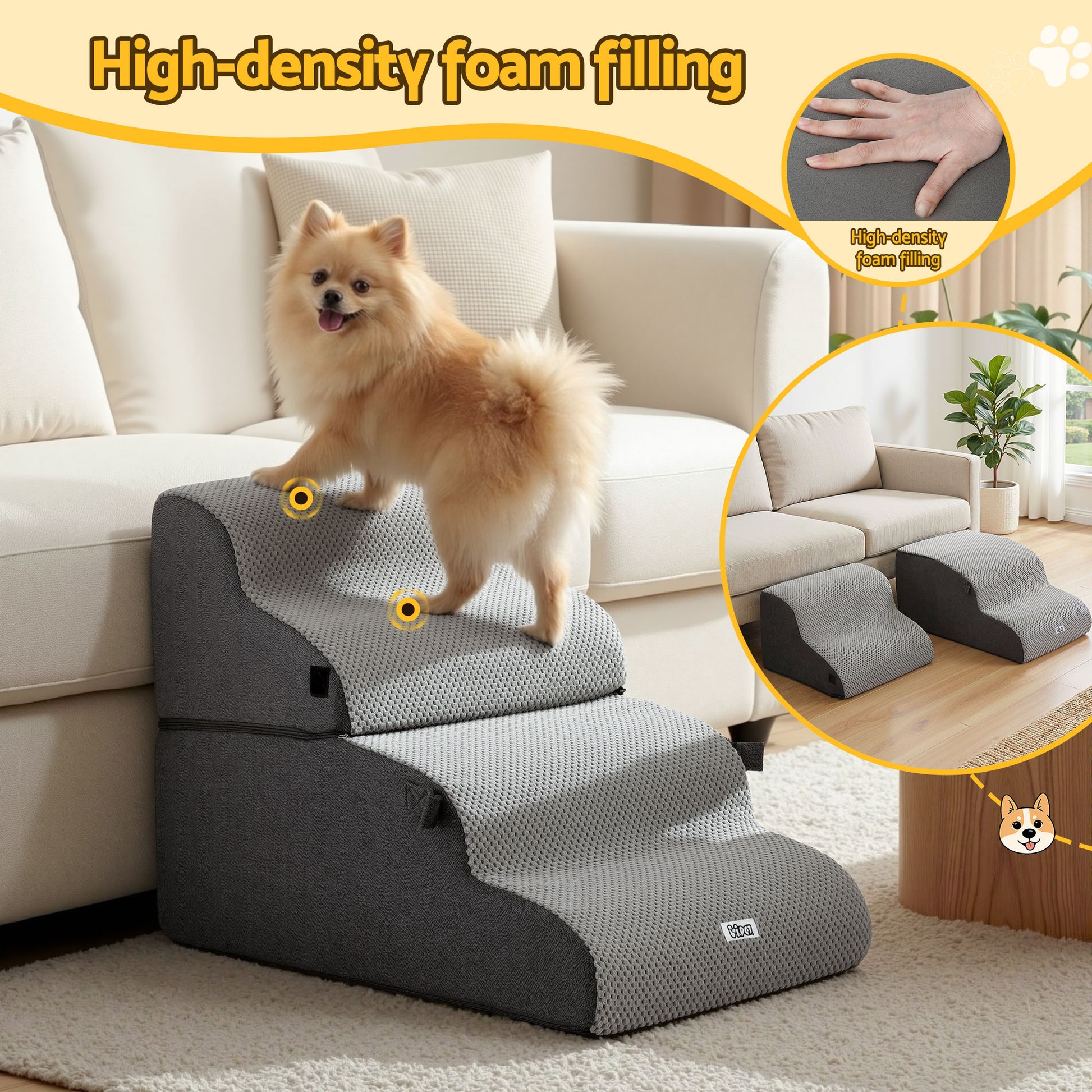 i.Pet Dog Stairs and Bed 2-in-1 Sofa Car Foam Non-Slip Washable Pet Stairs Indoor Grey-4