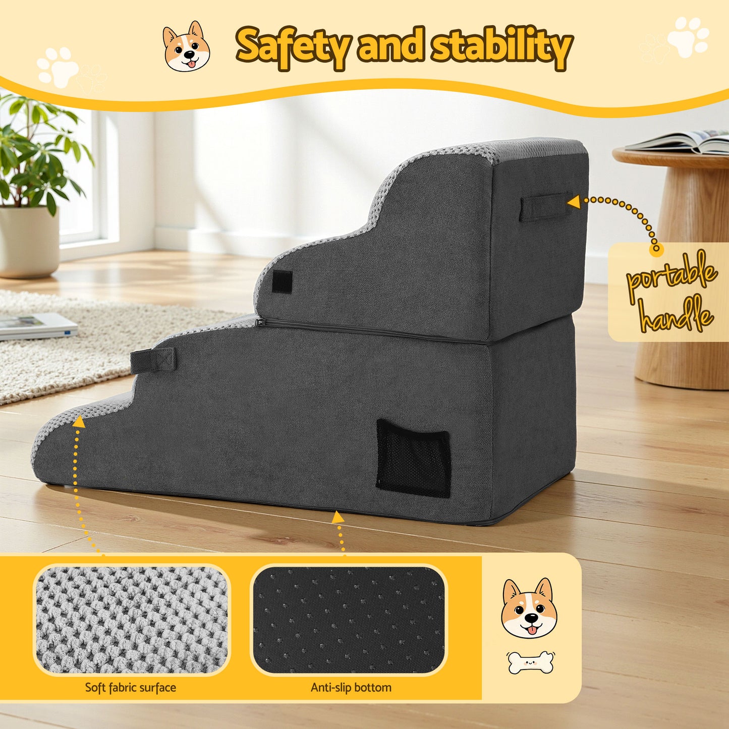 i.Pet Dog Stairs and Bed 2-in-1 Sofa Car Foam Non-Slip Washable Pet Stairs Indoor Grey-5