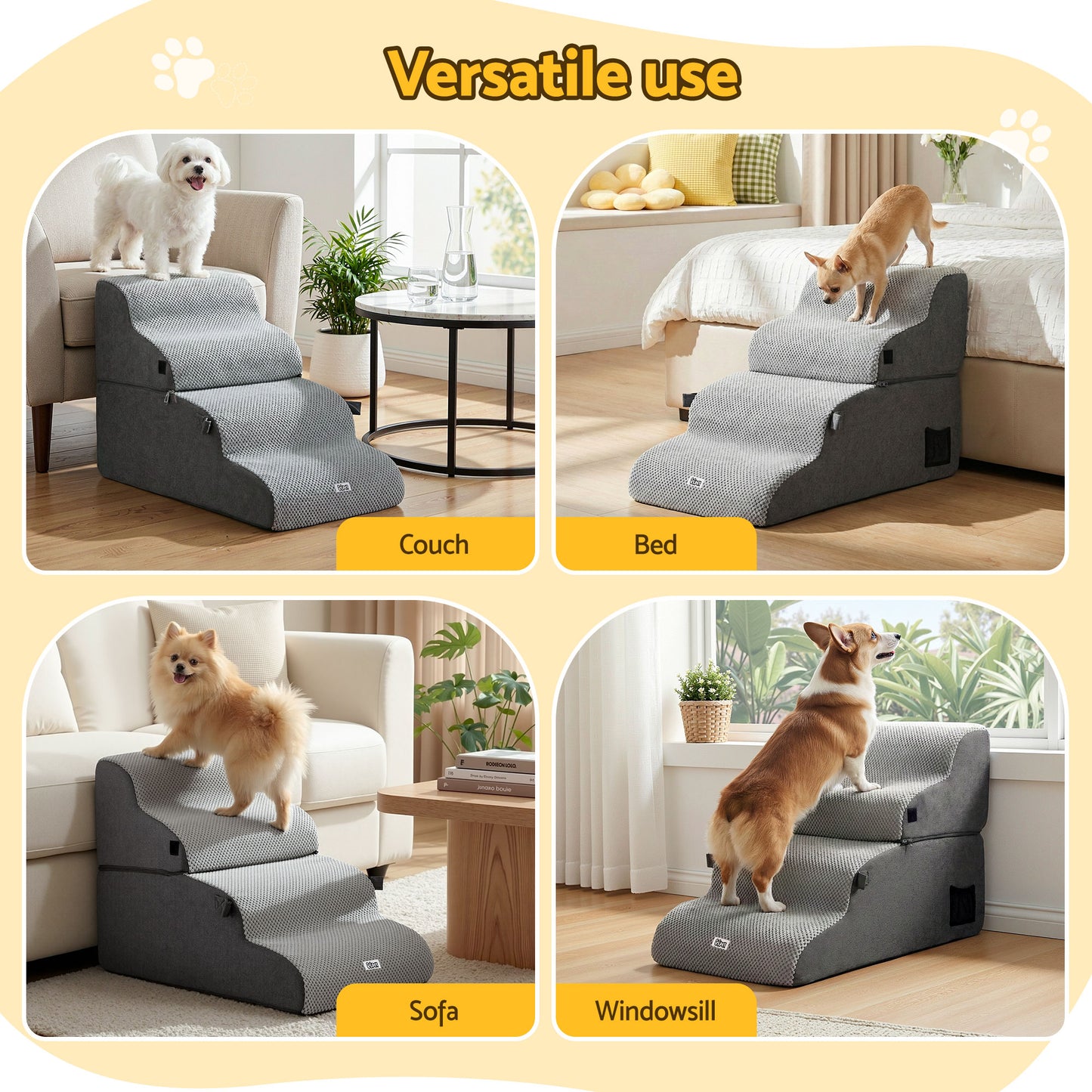 i.Pet Dog Stairs and Bed 2-in-1 Sofa Car Foam Non-Slip Washable Pet Stairs Indoor Grey-7