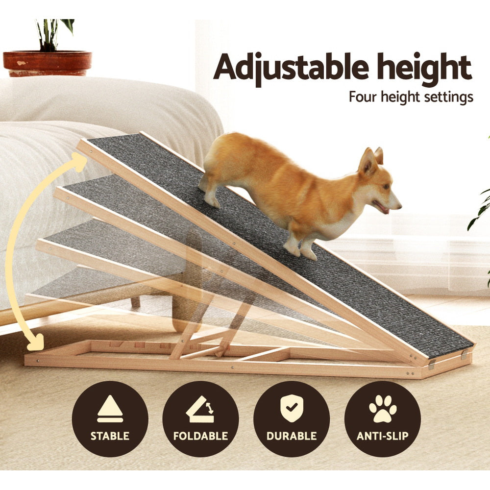 i.Pet Dog Ramp 100cm Adjustable Height Wooden Steps Stairs For Bed Sofa Car Foldable-3