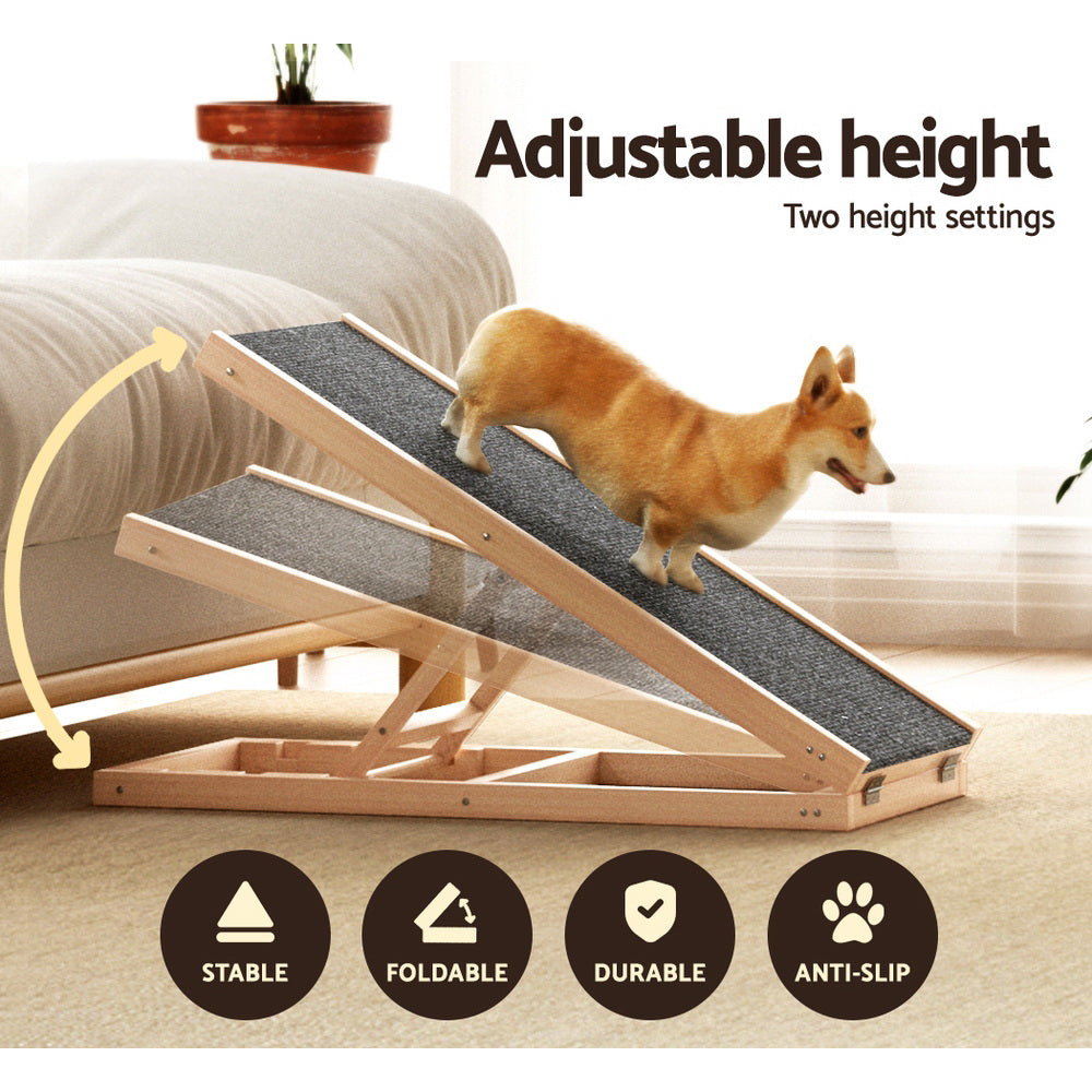 i.Pet Dog Ramp 70cm Adjustable Height Wooden Steps Stairs For Bed Sofa Car Foldable-3