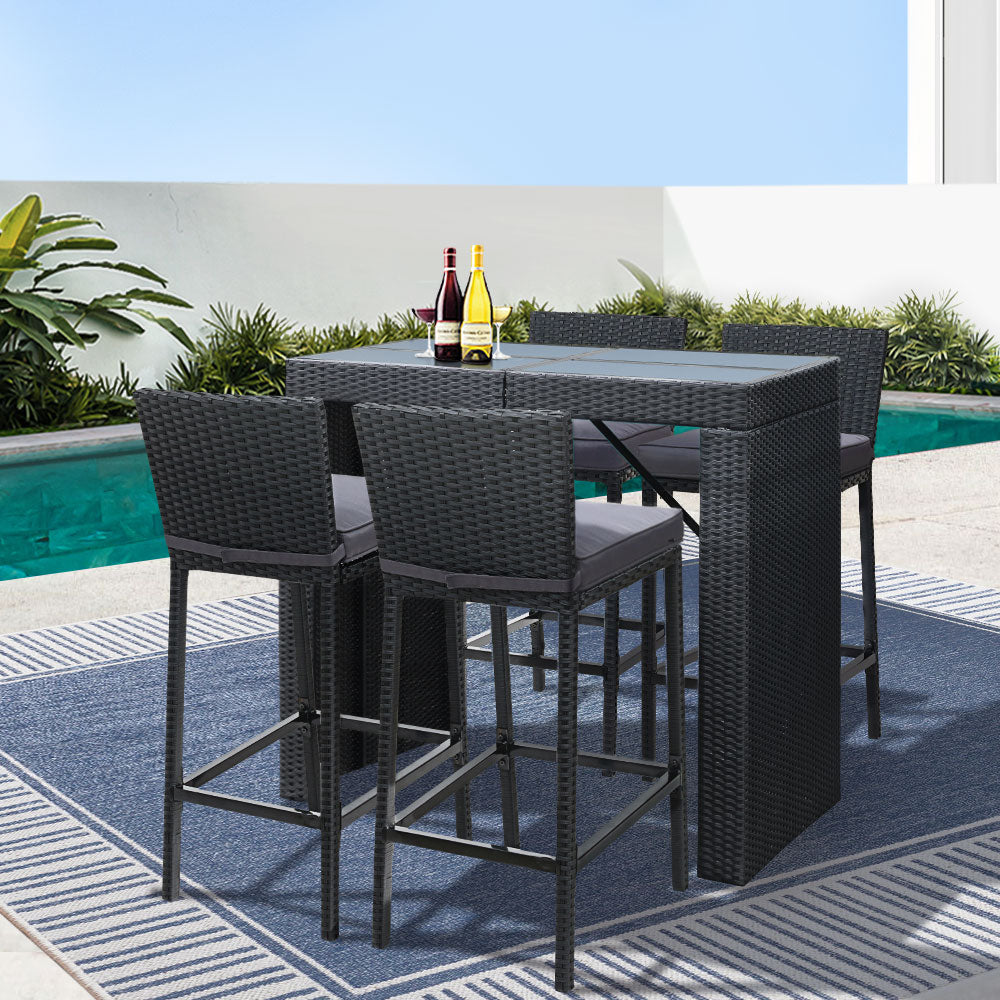 Gardeon 5-Piece Outdoor Bar Set Dining Table Stools Wicker Patio Setting-7