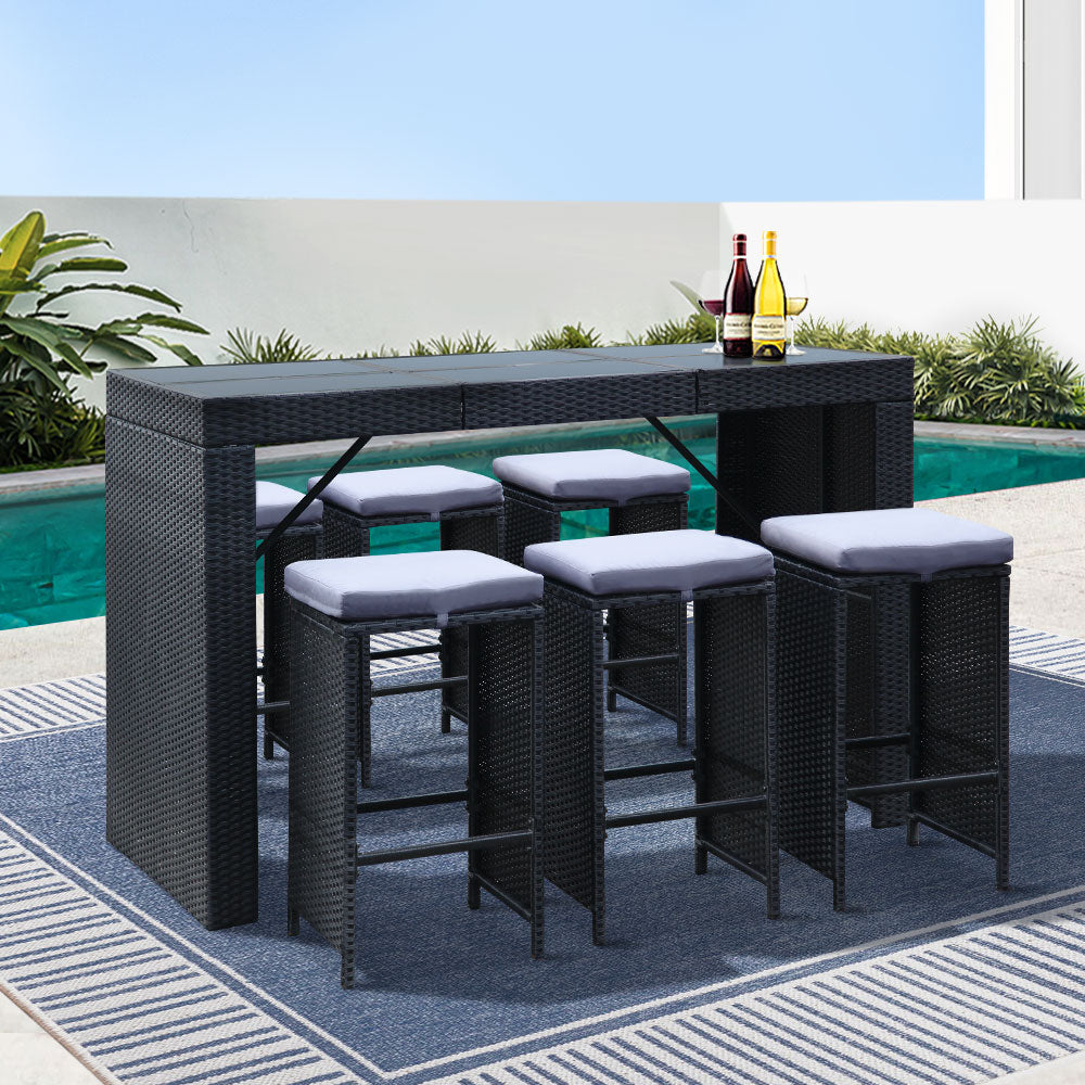 Gardeon 7-Piece Outdoor Bar Set Dining Table Stools Wicker Patio Setting-7