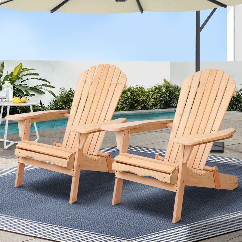 Gardeon Adirondack Outdoor Chairs Wooden Beach Chair Patio Furniture Garden Natural Set of 2-0