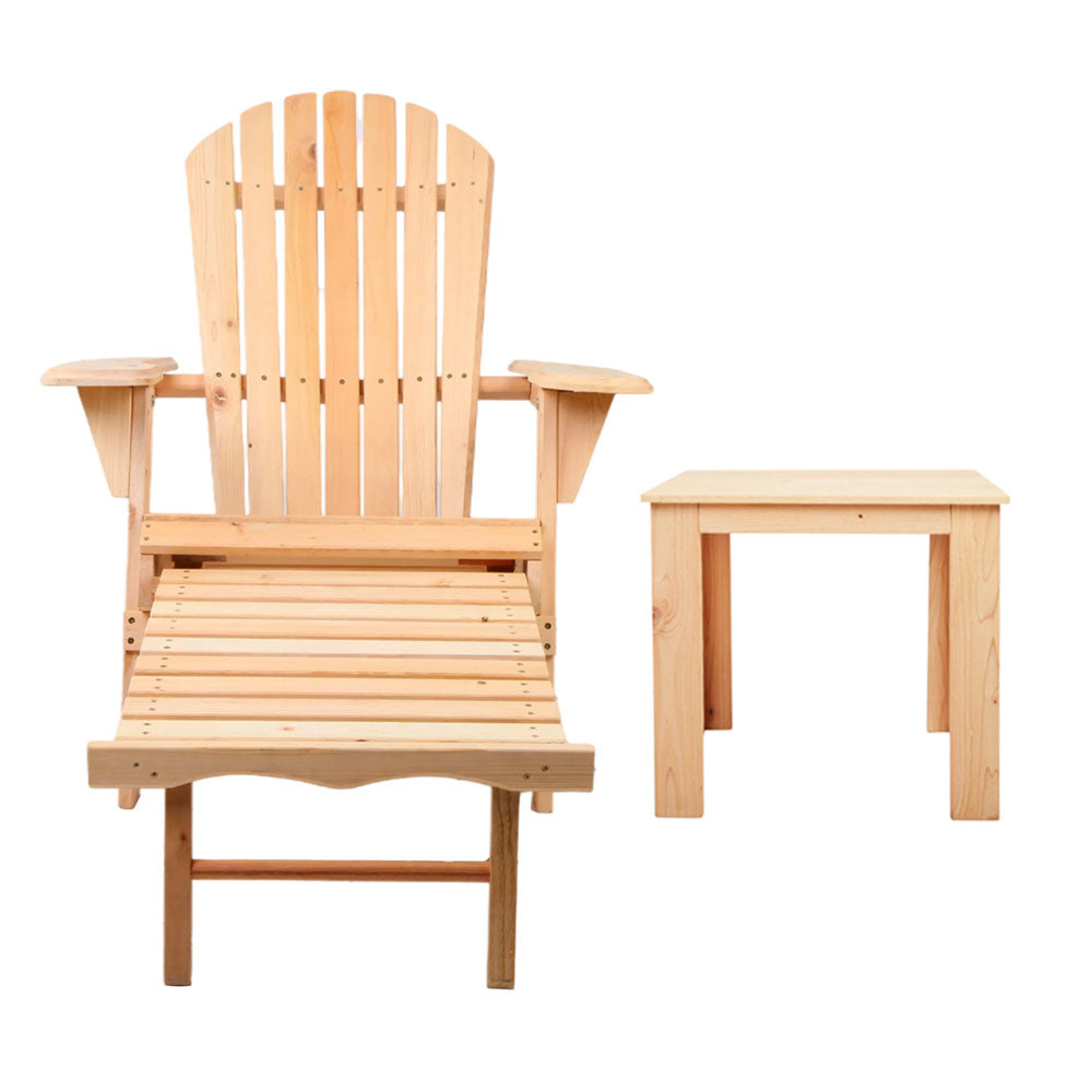 Gardeon 3PC Adirondack Outdoor Table and Chairs? Wooden Sun Lounge Beach Patio Natural-2