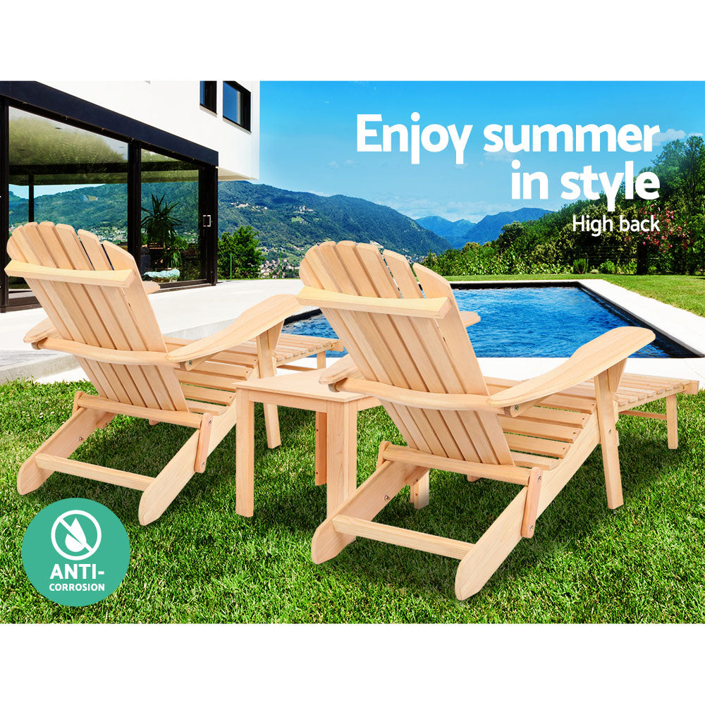 Gardeon 3PC Adirondack Outdoor Table and Chairs? Wooden Sun Lounge Beach Patio Natural-11