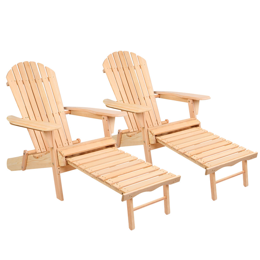 Gardeon 2PC Adirondack Outdoor Chairs Wooden Sun Lounge Patio Furniture Garden Natural-0