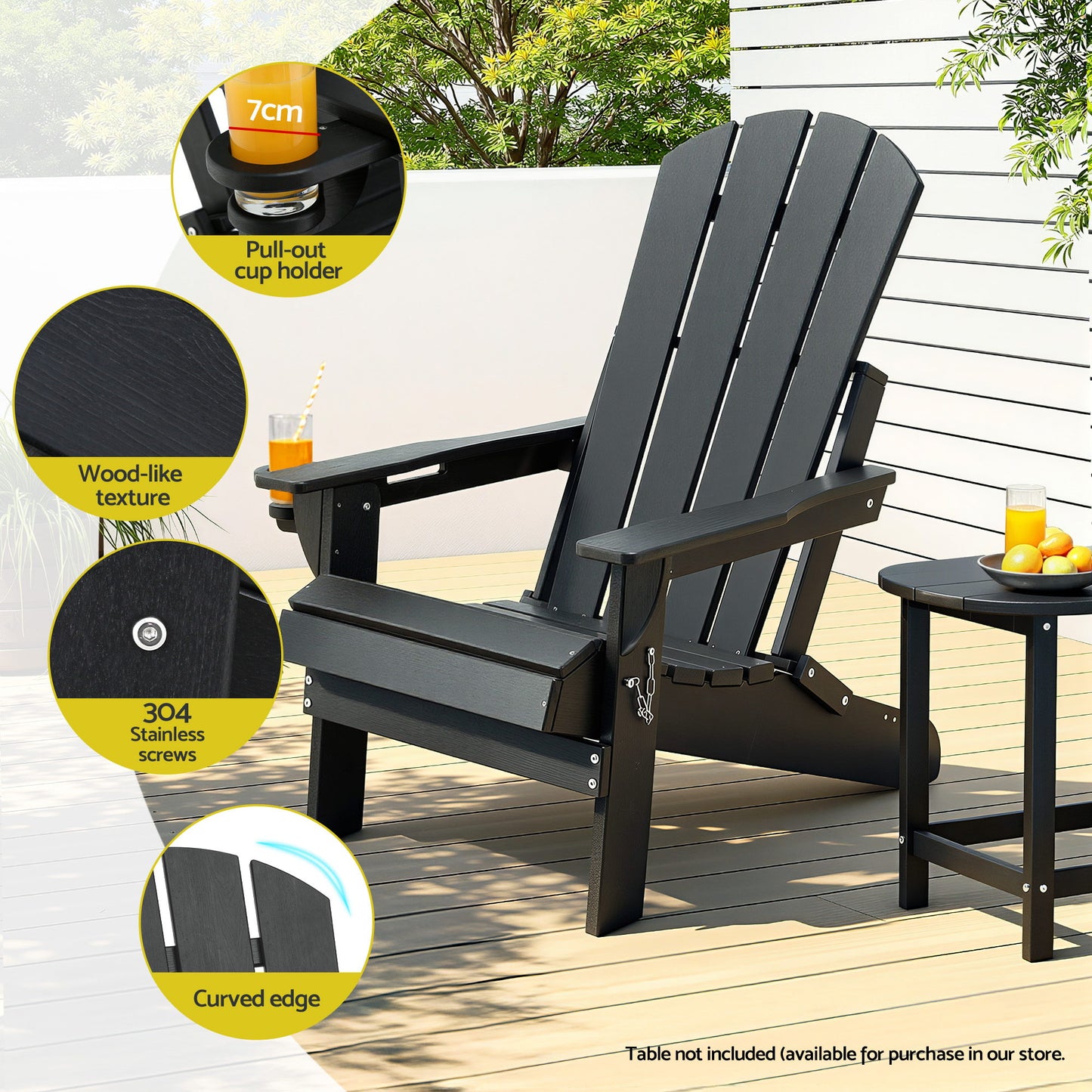 Gardeon Outdoor Chairs Folding Adirondack Beach Chair HDPE Sun Lounge Patio Furniture Garden Black