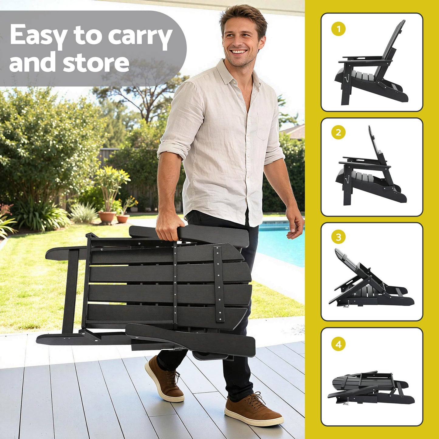 Gardeon Outdoor Chairs Folding Adirondack Beach Chair HDPE Sun Lounge Patio Furniture Garden Black