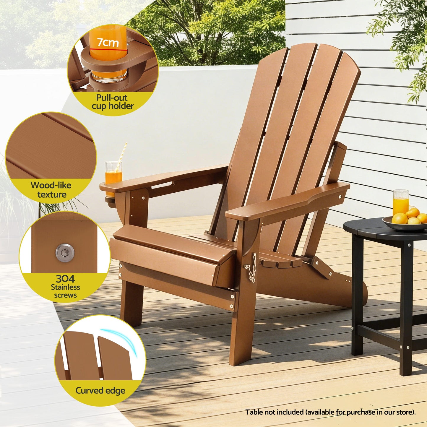 Gardeon Outdoor Chairs Folding Adirondack Beach Chair HDPE Sun Lounge Patio Furniture Garden Brown