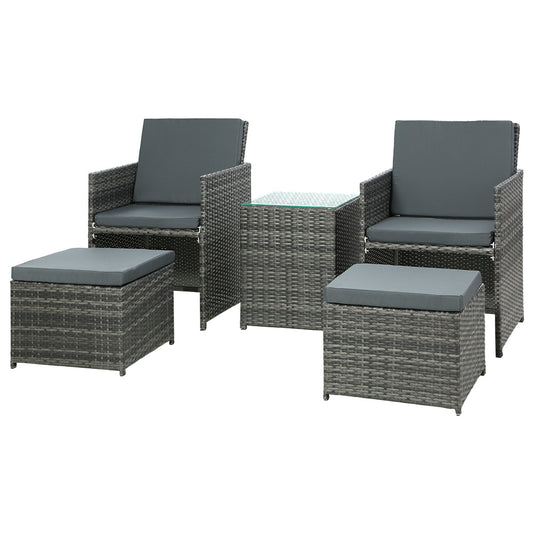 Gardeon 5PC Bistro Set Wicker Table and Chairs Ottoman Outdoor Furniture Grey-0