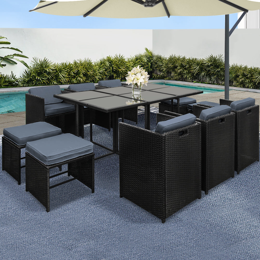 Gardeon Outdoor Dining Set 11 Piece Wicker Table Chairs Setting Black-7