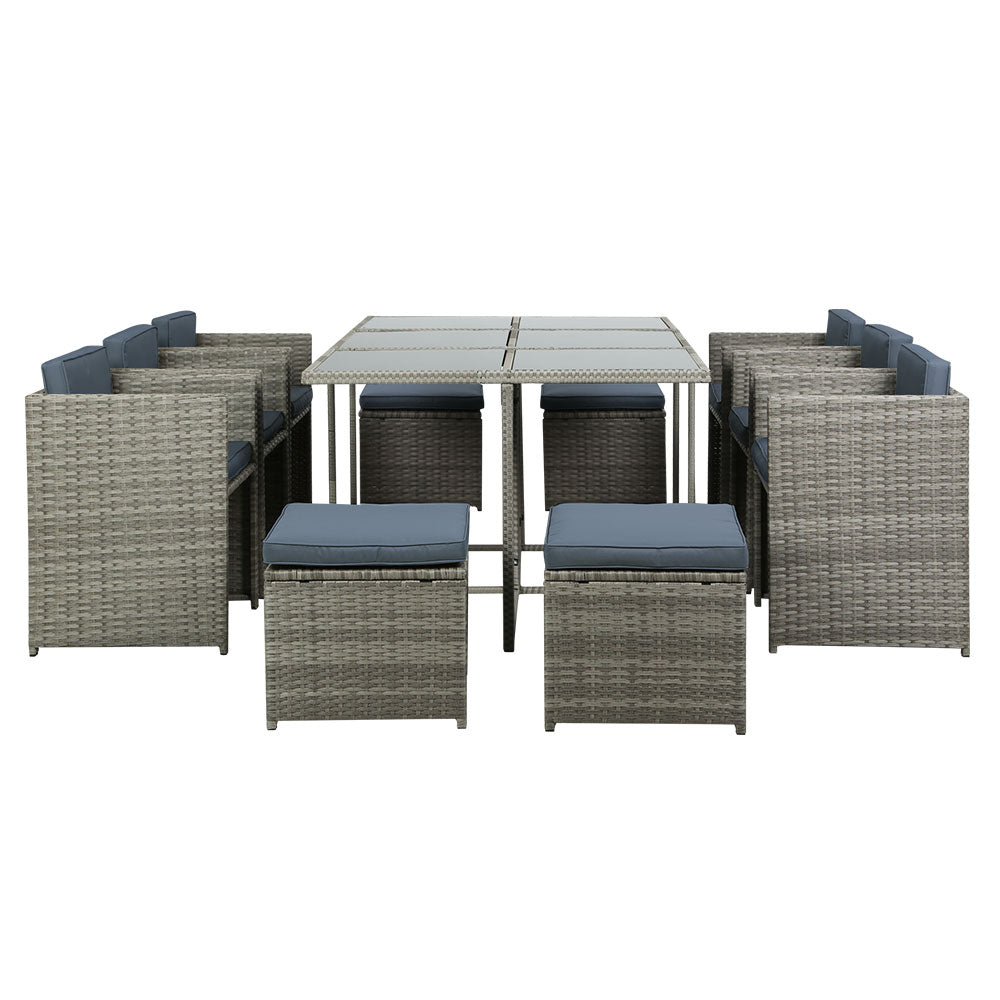 Gardeon Outdoor Dining Set 11 Piece Wicker Table Chairs Setting Grey-2