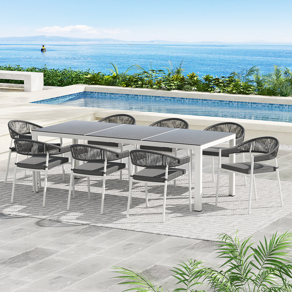 Gardeon Outdoor Dining Set 9 Piece Steel Table Chairs Setting White-6