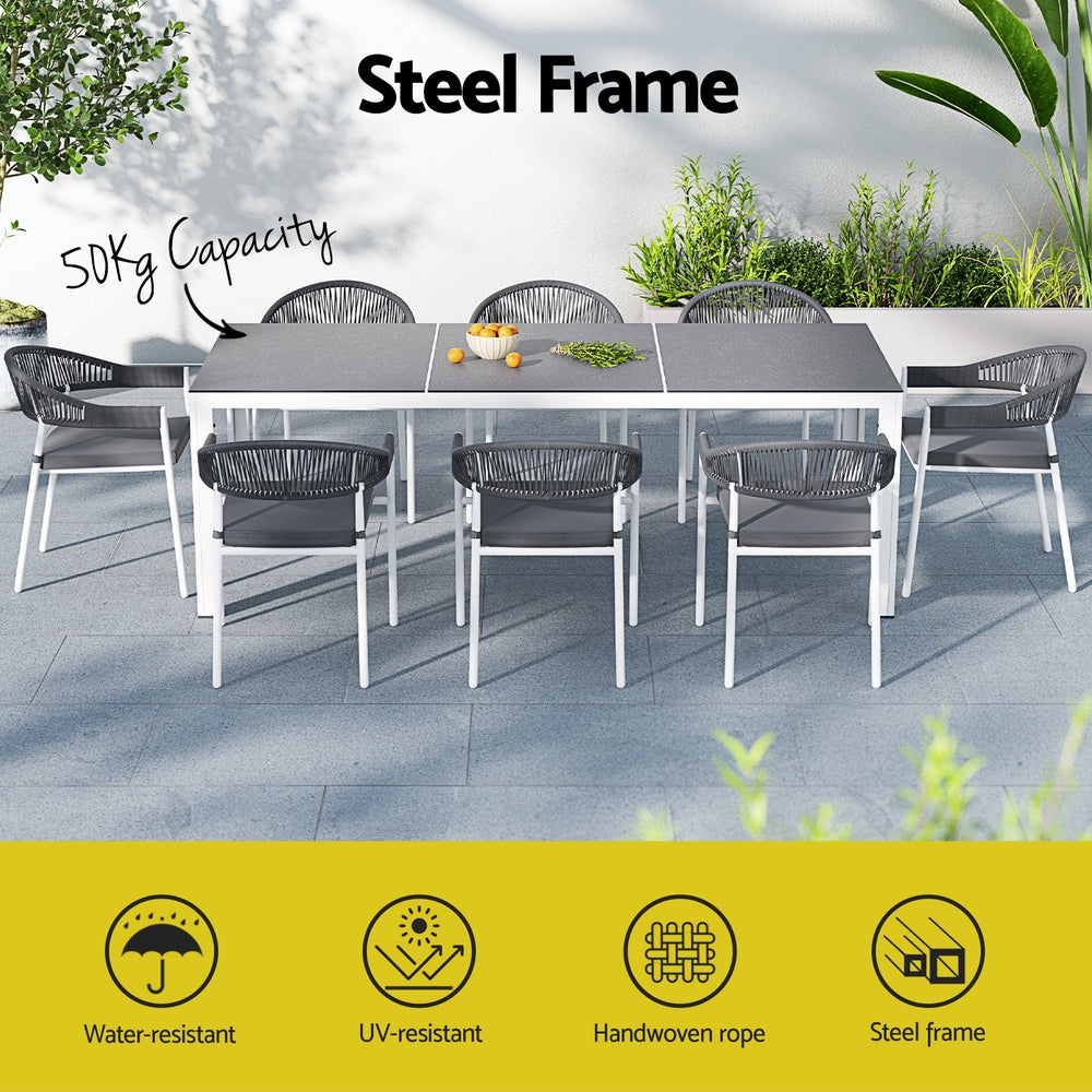 Gardeon Outdoor Dining Set 9 Piece Steel Table Chairs Setting White-3