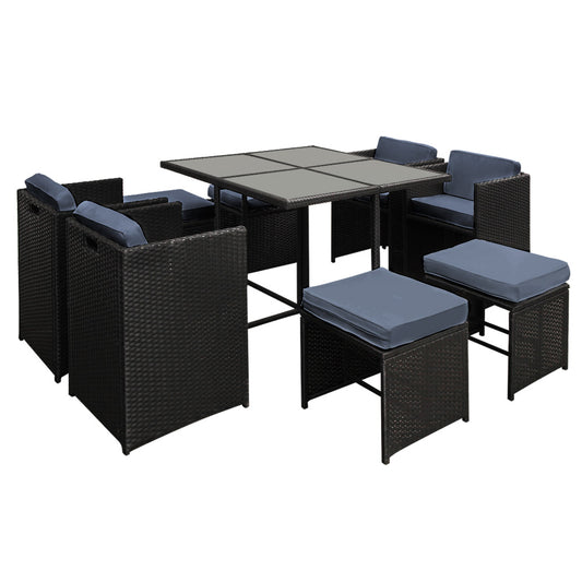 Gardeon Outdoor Dining Set 9 Piece Wicker Table Chairs Setting Black-0