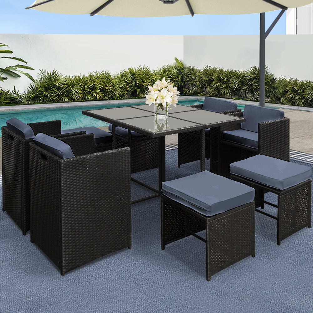 Gardeon Outdoor Dining Set 9 Piece Wicker Table Chairs Setting Black-7