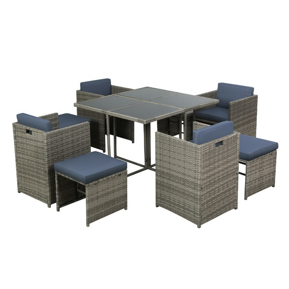 Gardeon Outdoor Dining Set 9 Piece Wicker Table Chairs Setting Grey-2