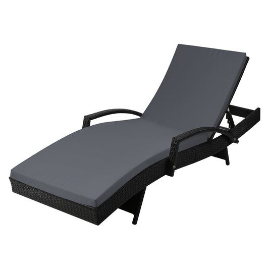 Gardeon Sun Lounge Wicker Lounger Outdoor Furniture Beach Chair Patio Adjustable Cushion Black-0