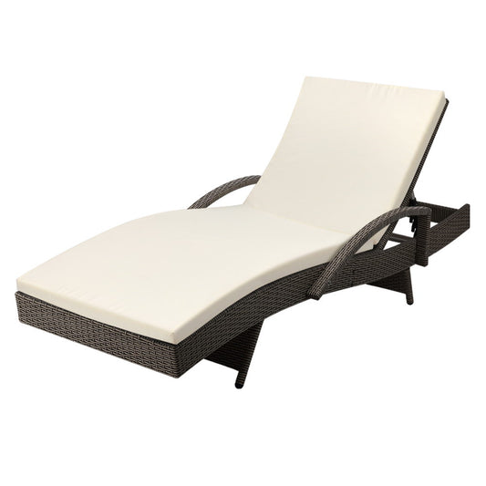 Gardeon Sun Lounge Wicker Lounger Outdoor Furniture Beach Chair Patio Adjustable Cushion Grey&Beige-0