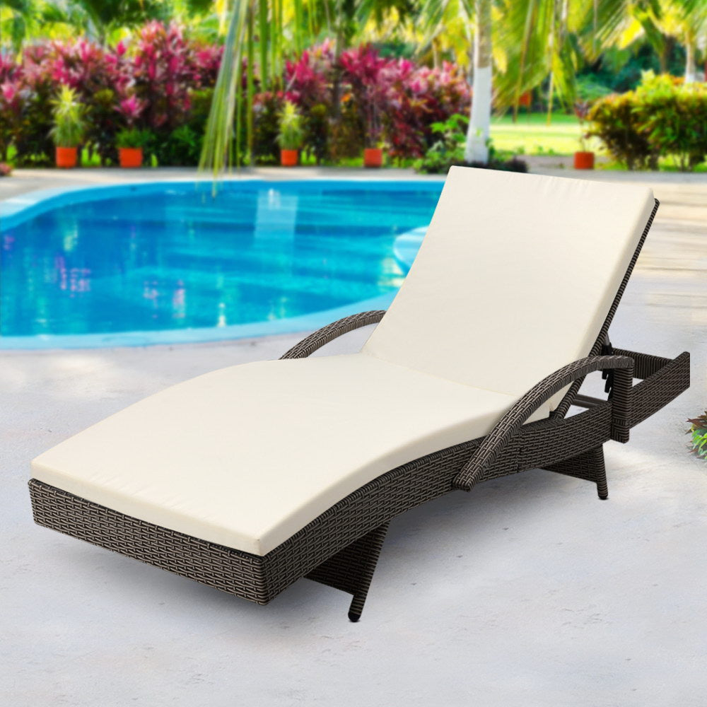 Gardeon Sun Lounge Wicker Lounger Outdoor Furniture Beach Chair Patio Adjustable Cushion Grey&Beige-7